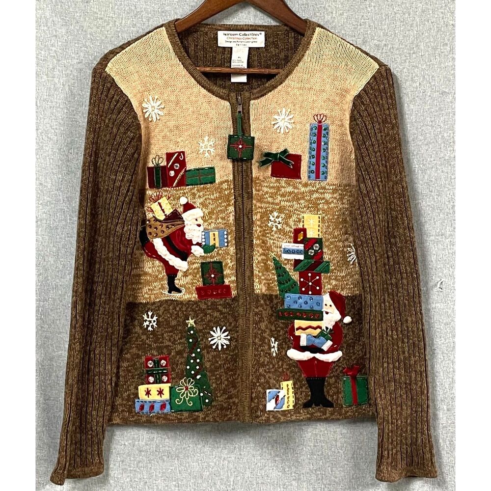 Vintage Heirloom Collectibles Christmas Sweater Santa Cardigan Petite L
